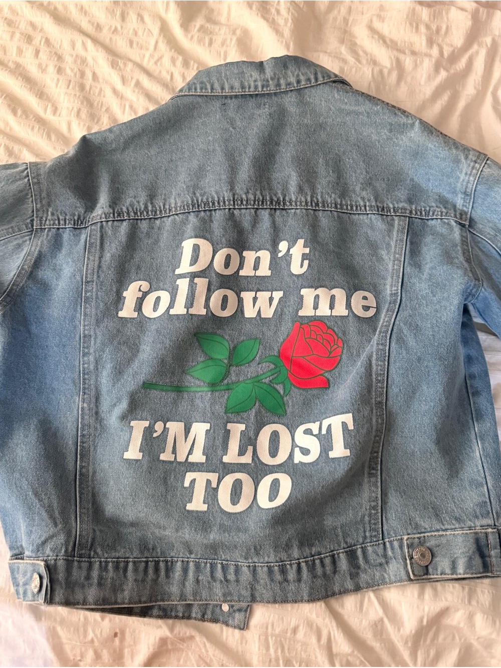 Olivier Goureau Denim Jacket with Rose Graphic - "Don't follow me, I'm lost too"